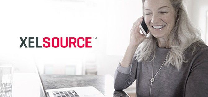 actor portrayal of woman on the phone with the XELSOURCE logo