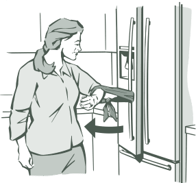 drawing of a women using cloth tied around refrigerator door to open